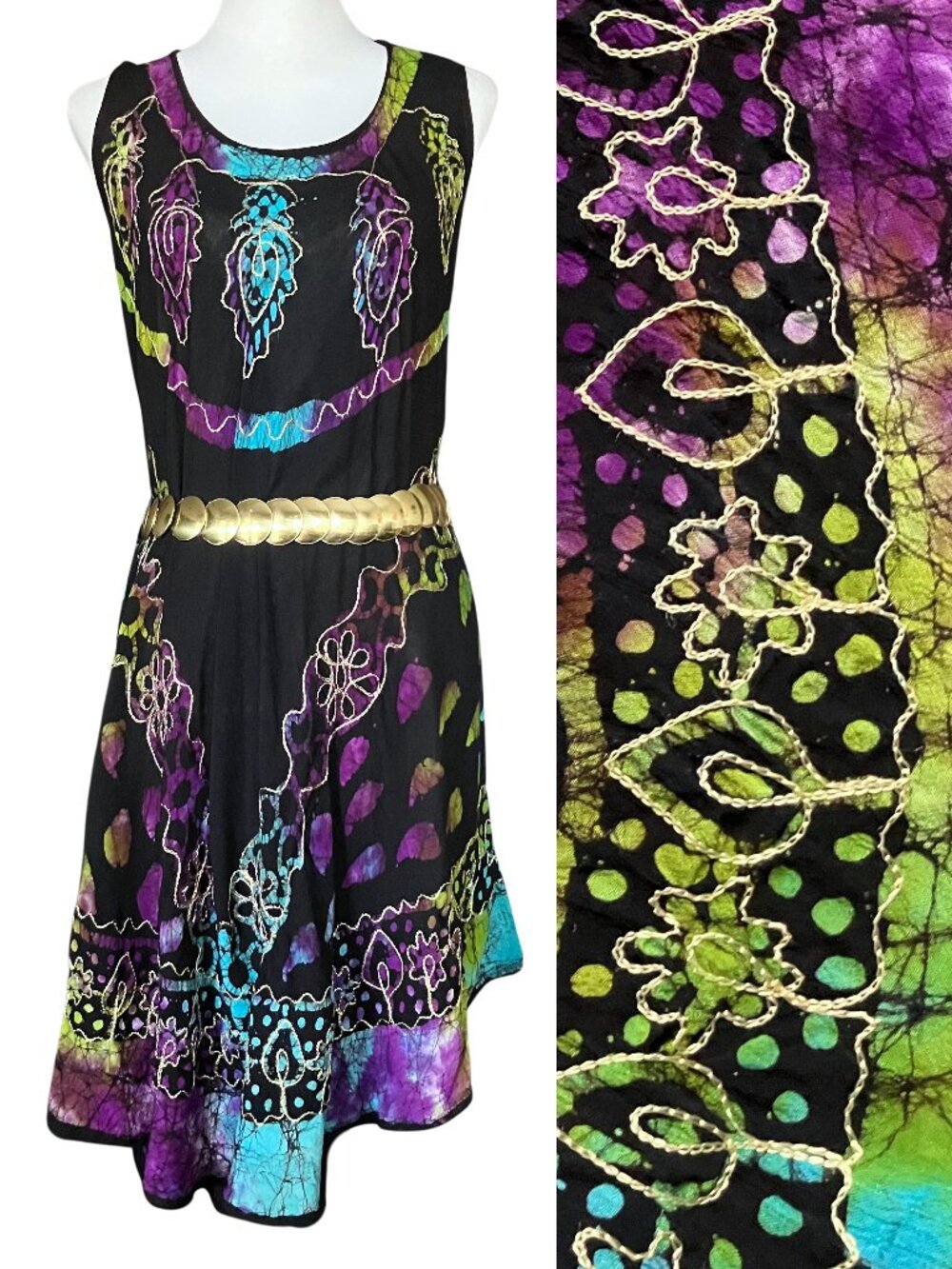Vintage Black Colorful Festival Asymmetrical Dress. One Size. Boho Midi India